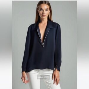 Club Monaco Women’s Black 1/2 Zip Point Collar Blouse Power Back Pleat Size S/P